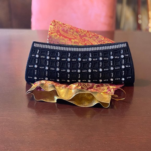 Tanjore Handbags - Tanjore Black Beaded Evening Bag with Rhinestones